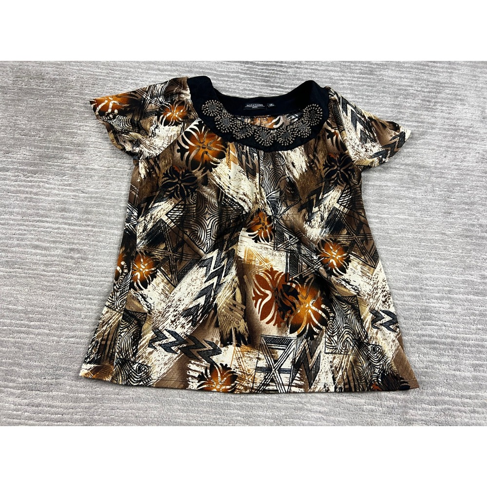 Notations‎ Petite Blouse Women PM Brown Abstract Beaded Scoop Neck Short Sleeve